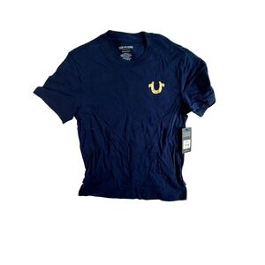 True Religion Mens Dress Blue Diagonal Horseshoe Logo Tee T Shirt Medium NEW